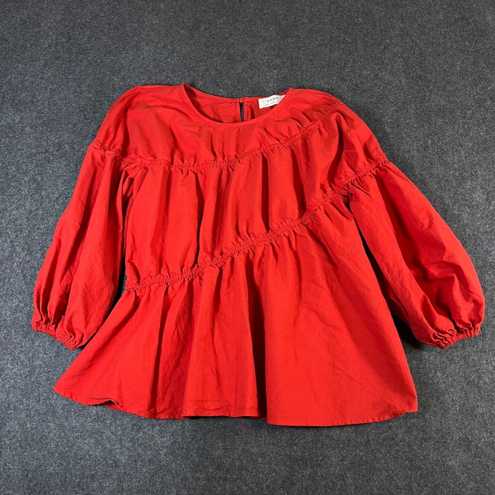 Sabo Skirt Red Cotton Asymmetrical Tiered Puff Sleeve Blouse Top USA 8 L Boho